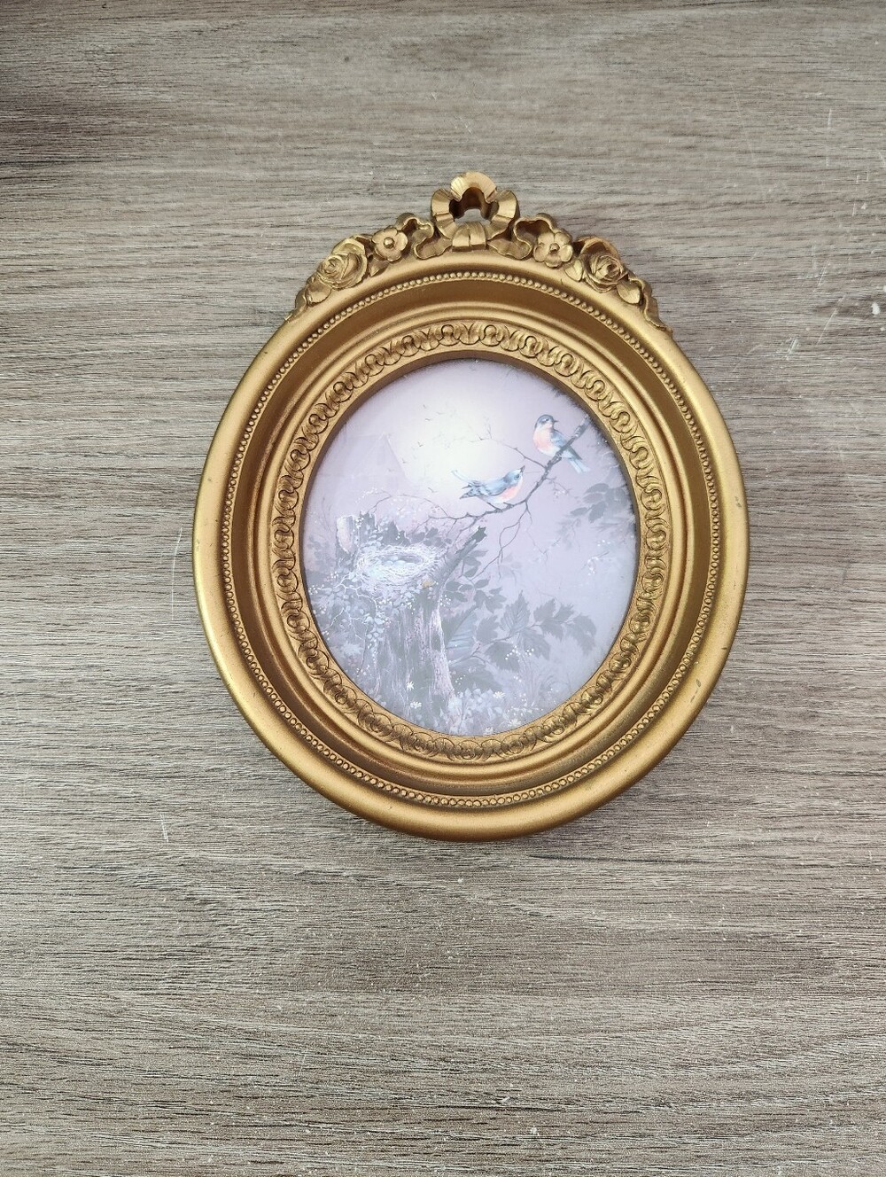 Vintage Homco Bluebird Nest Print Ornate Gold Oval Frame 1980 Wall Decor #3279
